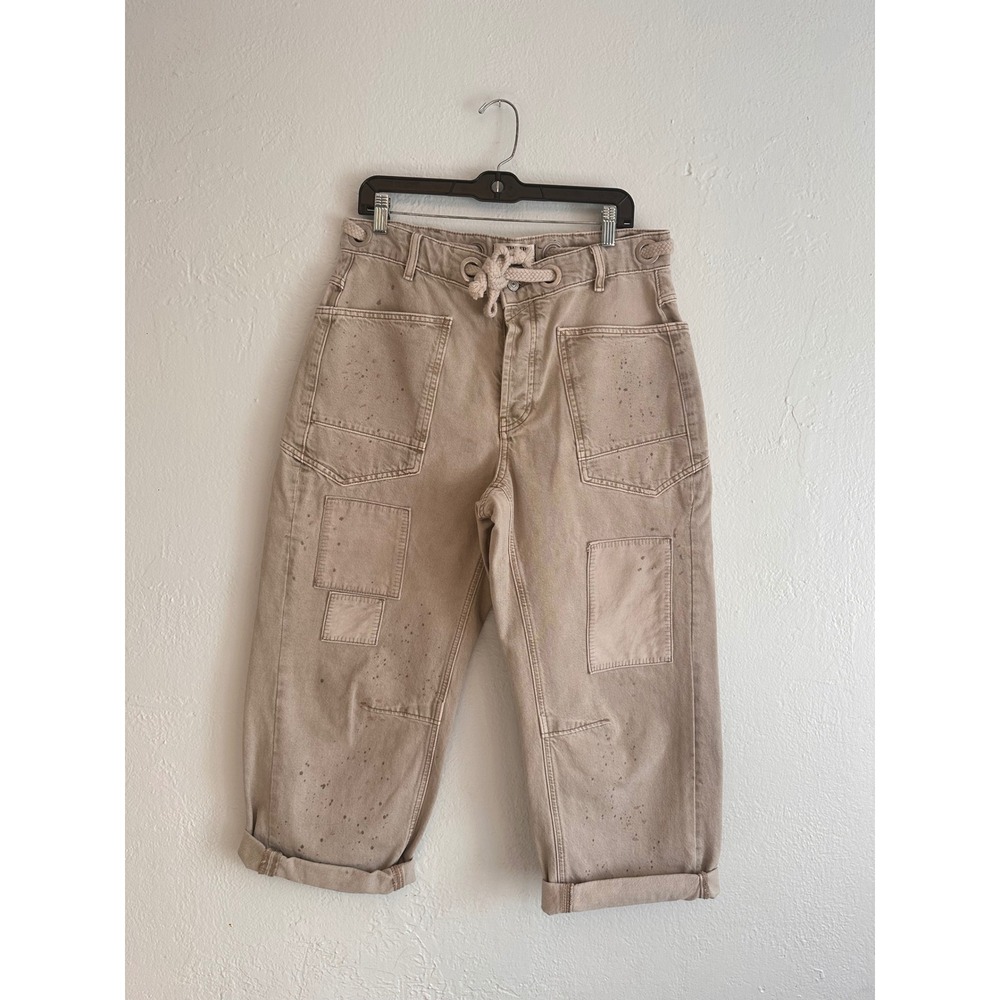 Free People We The Free Moxie Low Slung Barrel Jeans Tan Paint Splatter 8